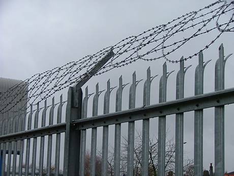 The flat wrap razor wire are installed on the top of palisade fence.