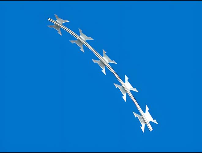 A small piece of CBT-60 concertina wire on the blue background.