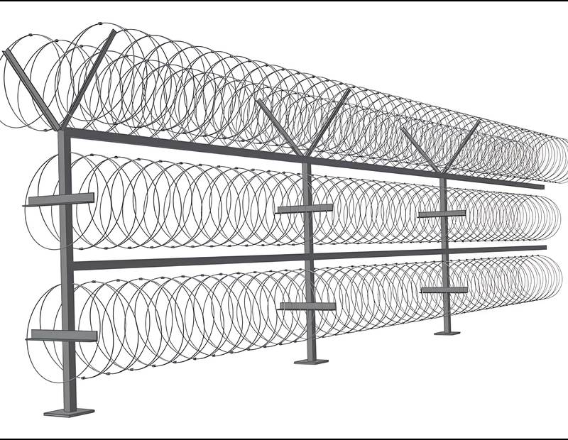 Three-story concertina barrier installed on steel posts