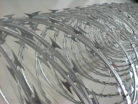 A galvanized concertina wire razor single coil on the floor.
