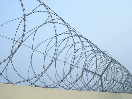 Spiral razor wire installed on the wall to block unwanted people or animals